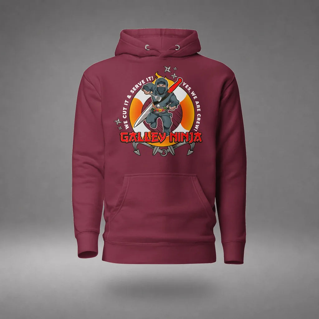 Galley Department Crew Hoodie in Maroon, front view, floating over a gray studio floor.