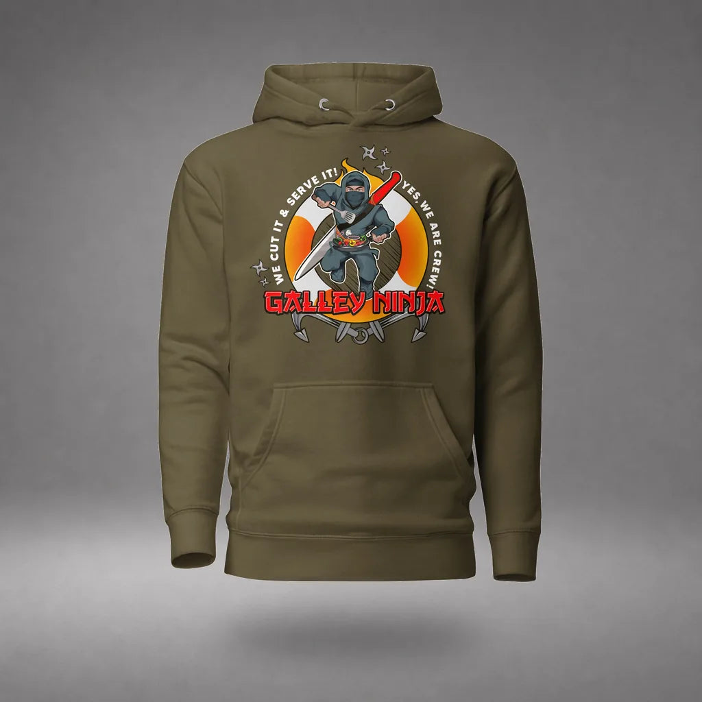 Galley Department Crew Hoodie in Military Green, front view, floating over a gray studio floor.