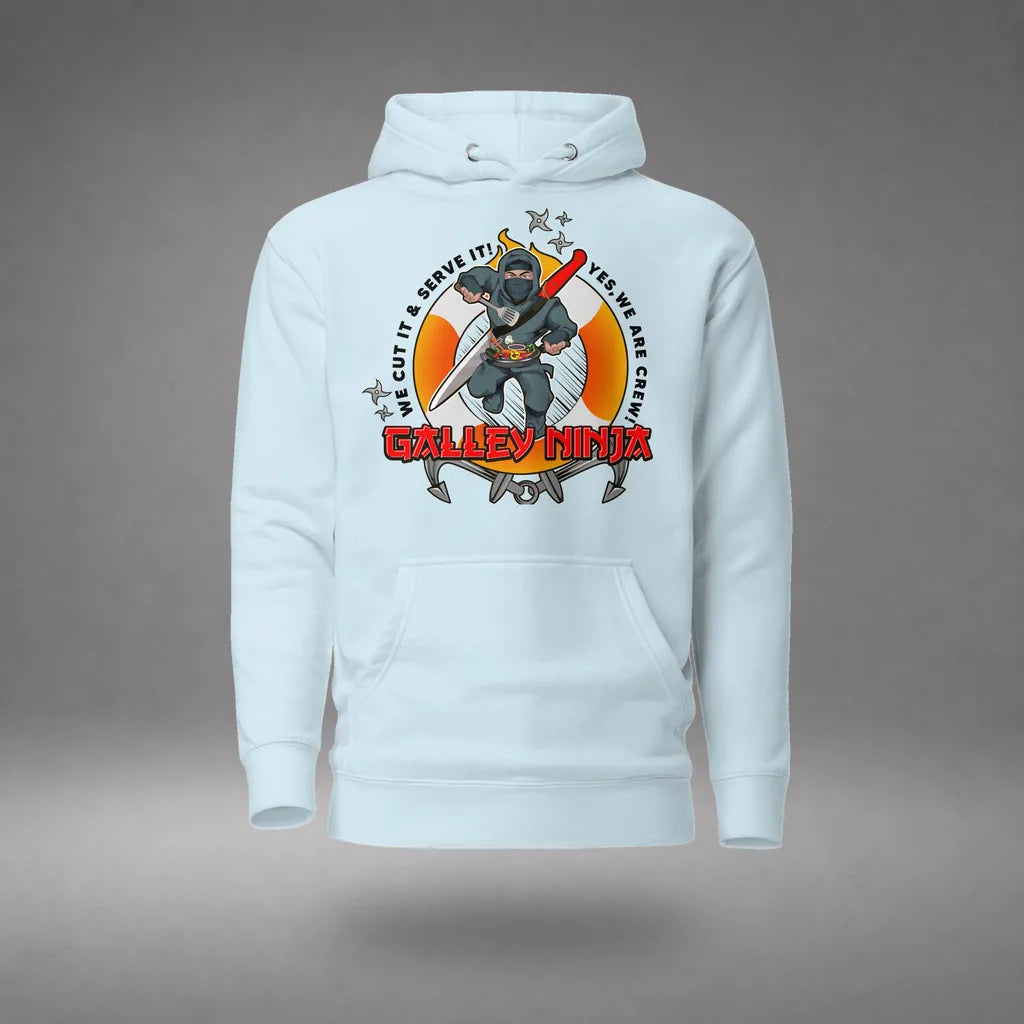 Galley Department Crew Hoodie in Sky Blue, front view, floating over a gray studio floor.