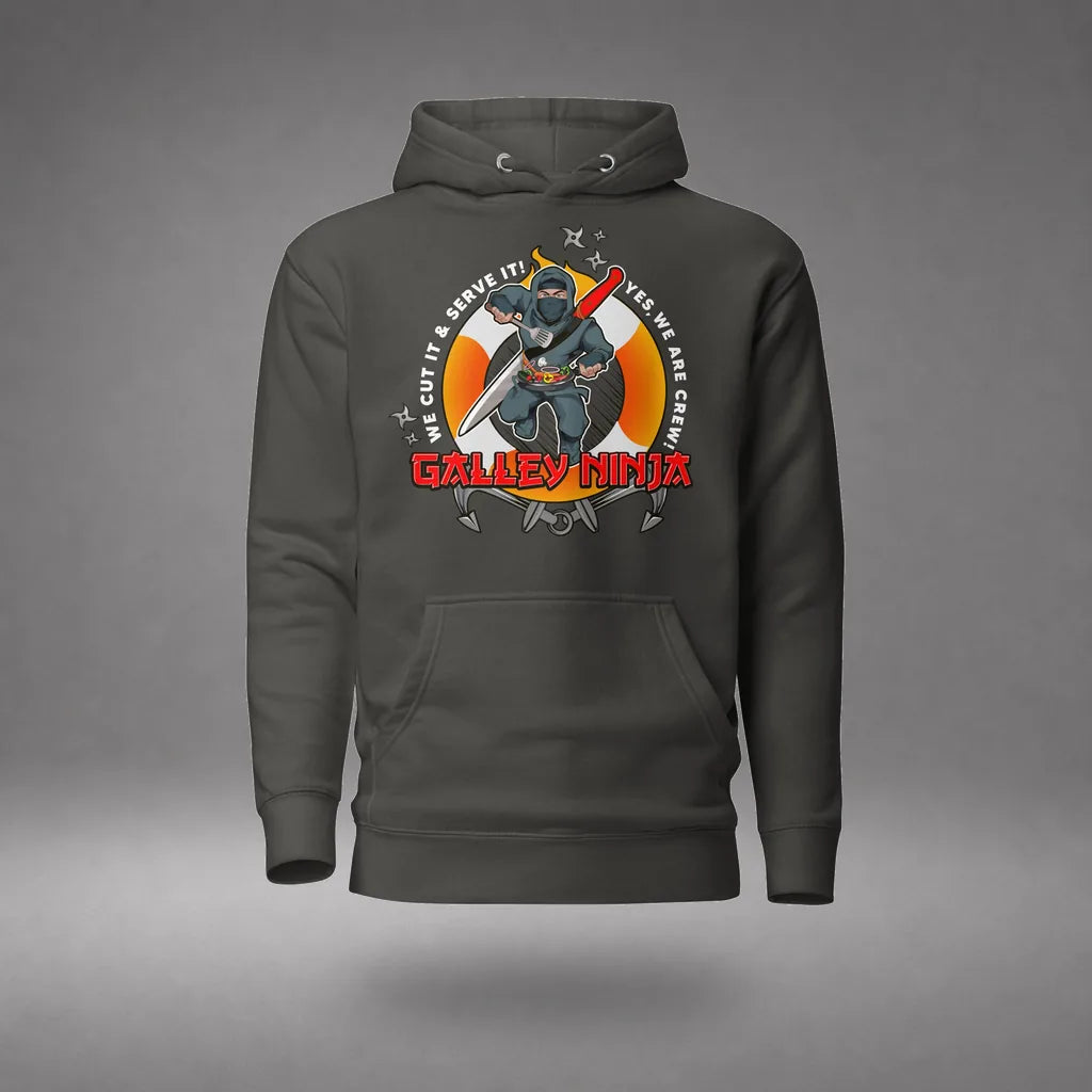 Galley Department Crew Hoodie in Vintage Black, front view, floating over a gray studio floor.
