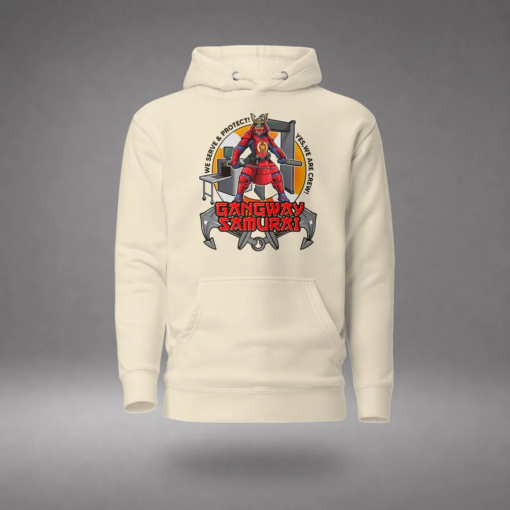 Gangway Samurai Ship Security Hoodie in Bone, featured product view, floating over a gray studio floor.