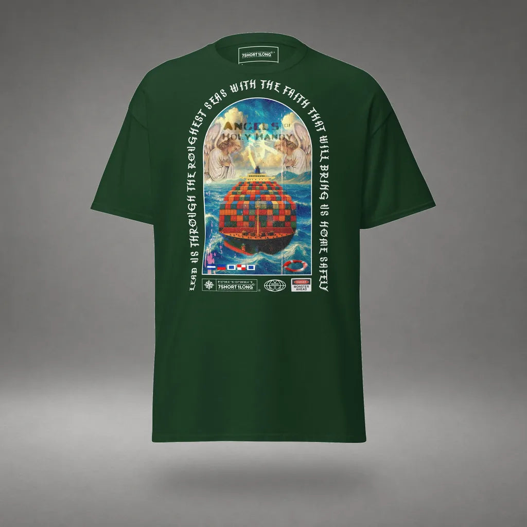 Guardian Angel Container Ship T-Shirt in Forest Green, front view, floating over a gray studio floor.