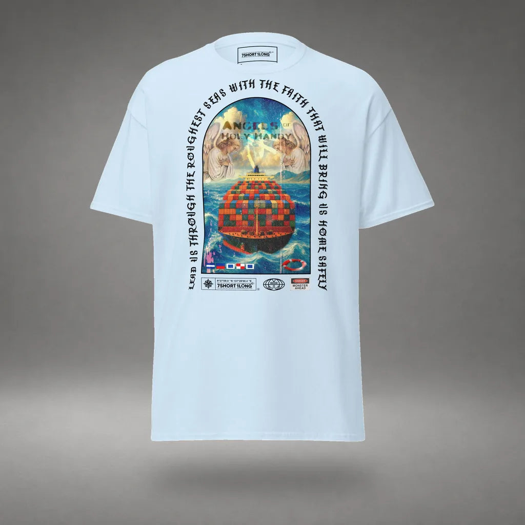 Guardian Angel Container Ship T-Shirt in Light Blue, front view, floating over a gray studio floor.