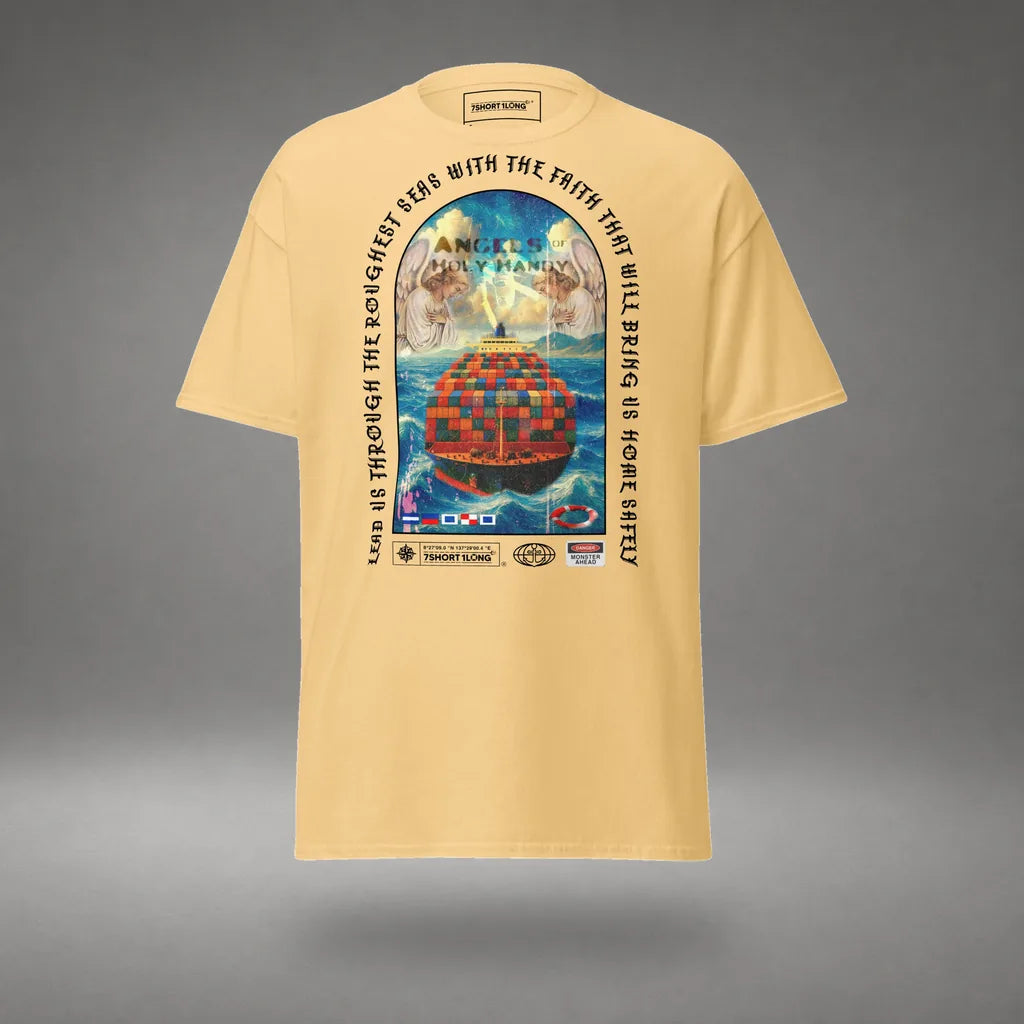 Guardian Angel Container Ship T-Shirt in Yellow Haze, front view, floating over a gray studio floor.