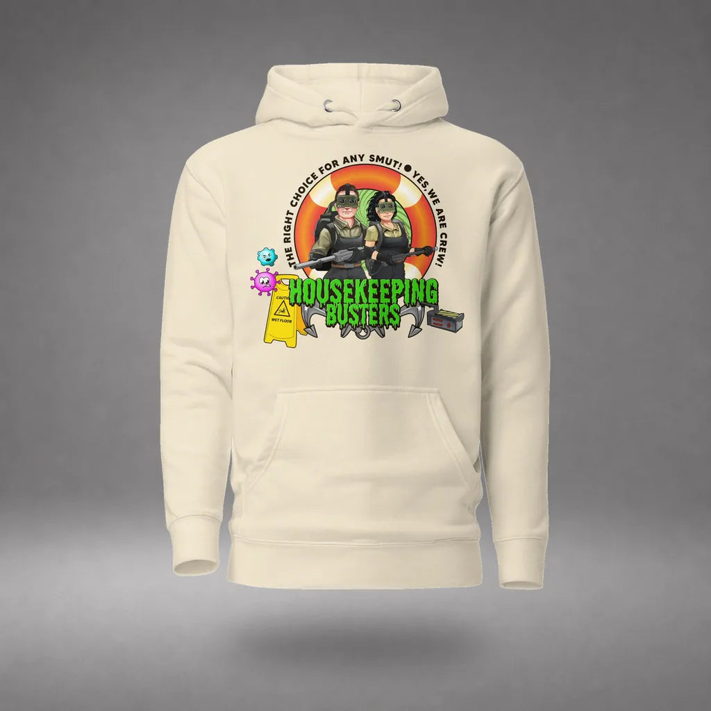 Housekeeping Department Buster Hoodie in Bone, design detail view, floating over a gray studio floor.