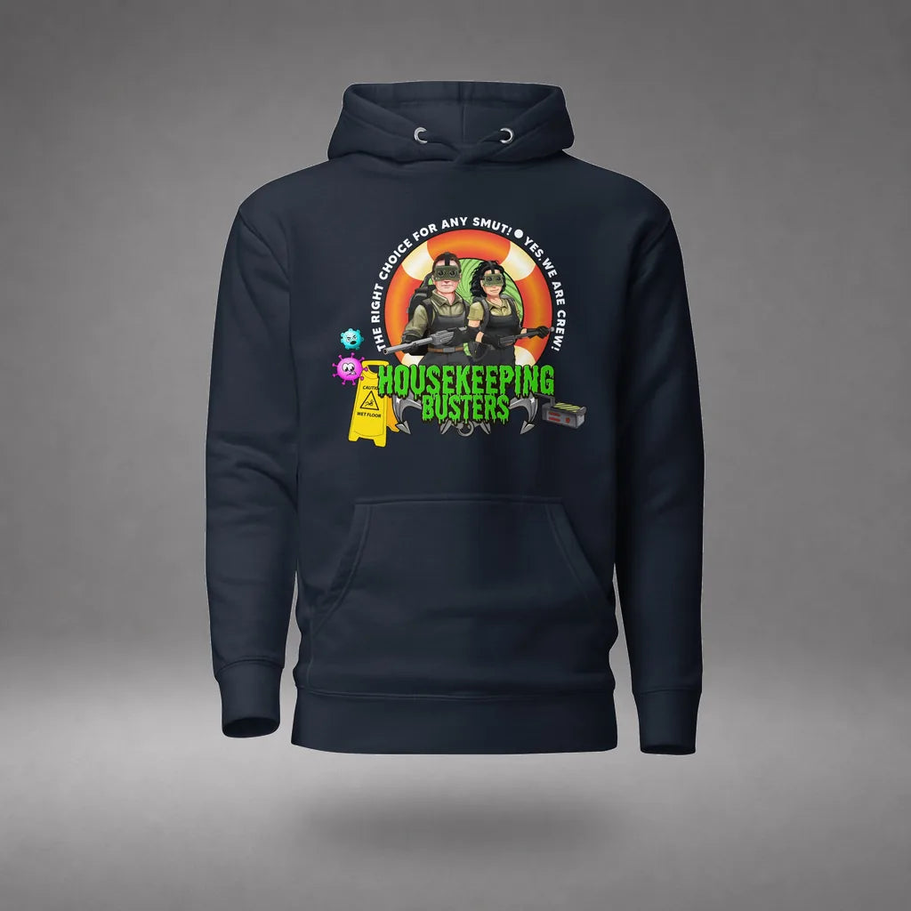Housekeeping Department Buster Hoodie in Navy Blazer, front view, floating over a gray studio floor.