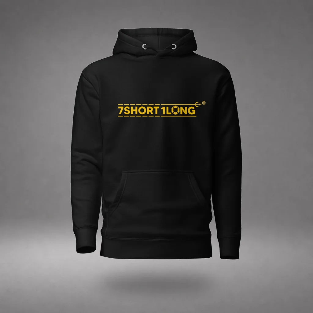 Indian Sailor Hoodie in Black, front view, floating over a gray studio floor.
