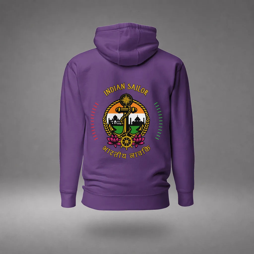 Indian Sailor Hoodie in Purple, back view, floating over a gray studio floor.