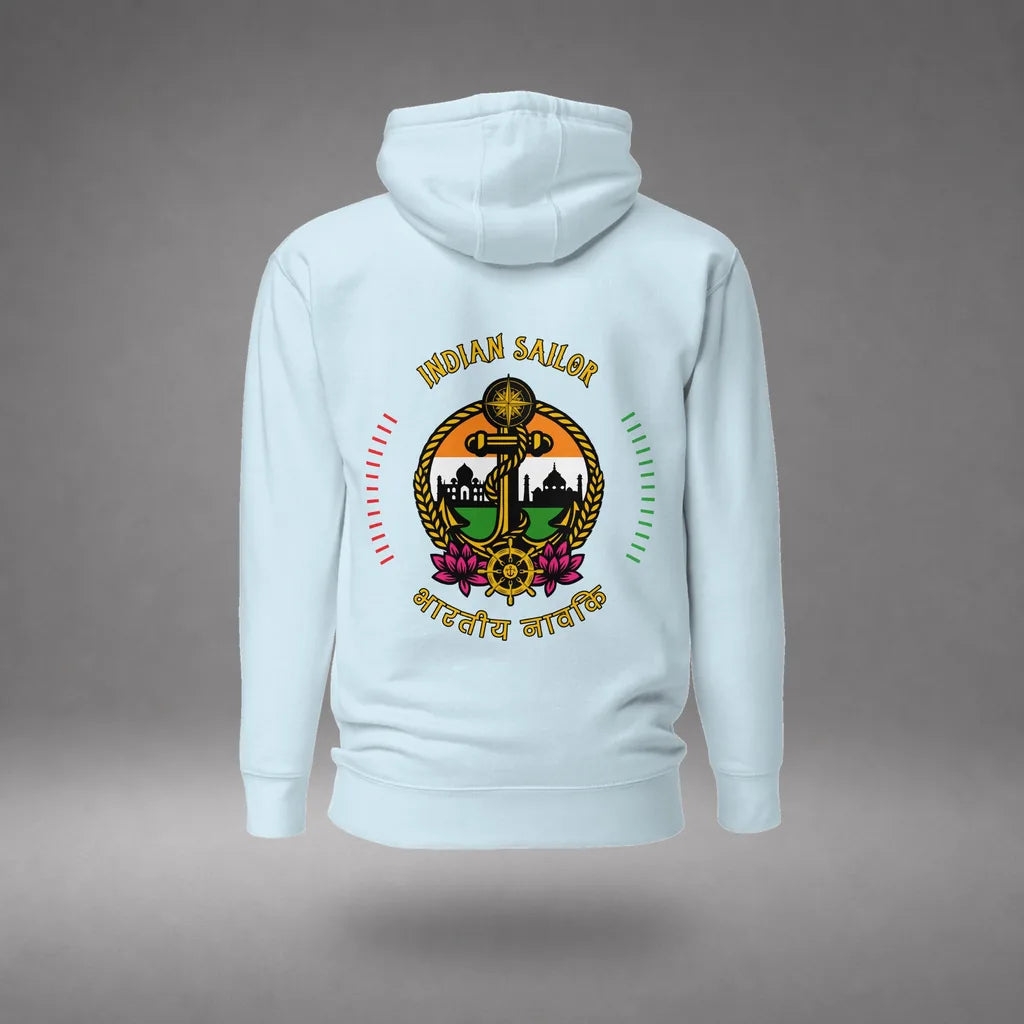 Indian Sailor Hoodie in Sky Blue, back view, floating over a gray studio floor.