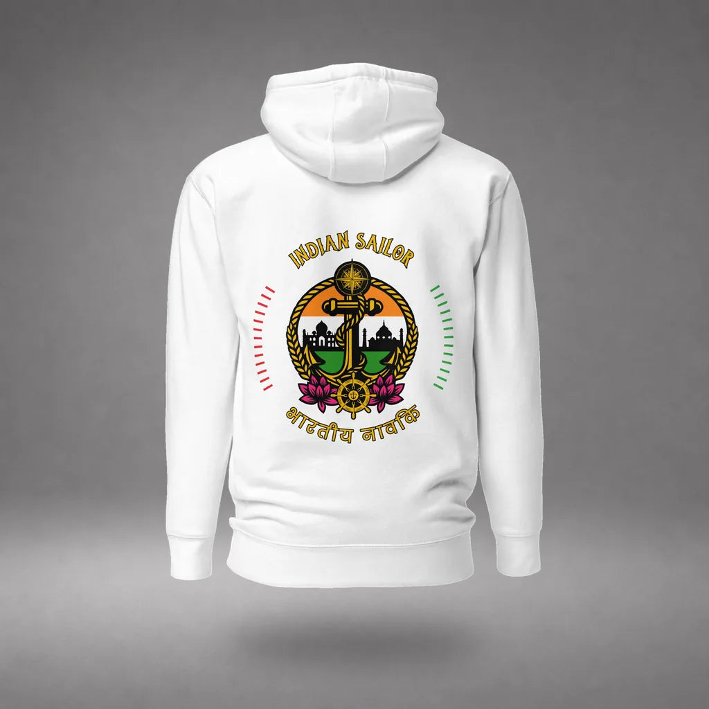 Indian Sailor Hoodie in White, back view, floating over a gray studio floor.