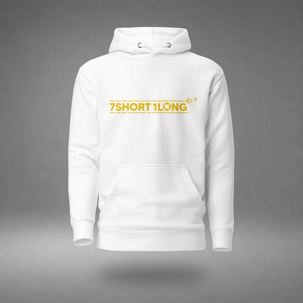 Indian Sailor Hoodie in White, front view, floating over a gray studio floor.