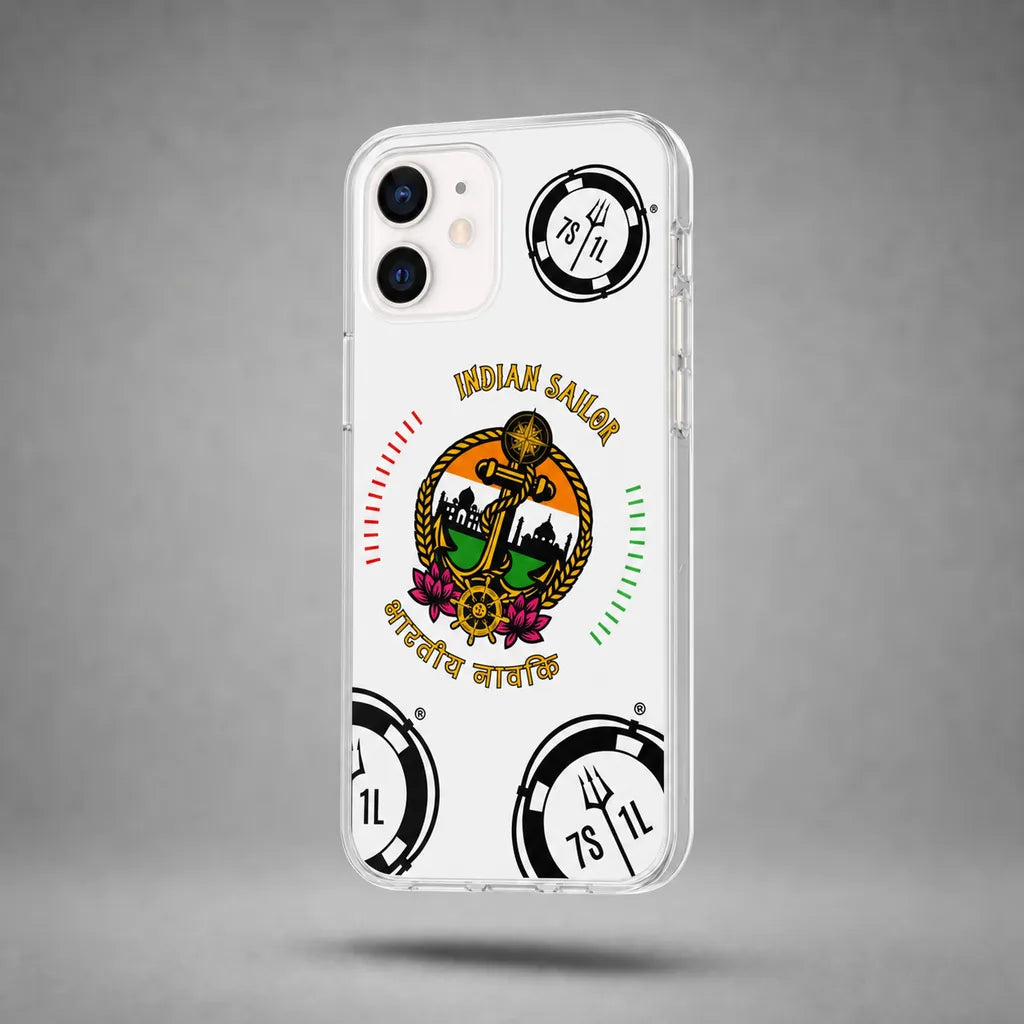 Clear Indian Sailor case for iPhone 12 with maritime anchor artwork, floating above a grey studio floor with a soft shadow.