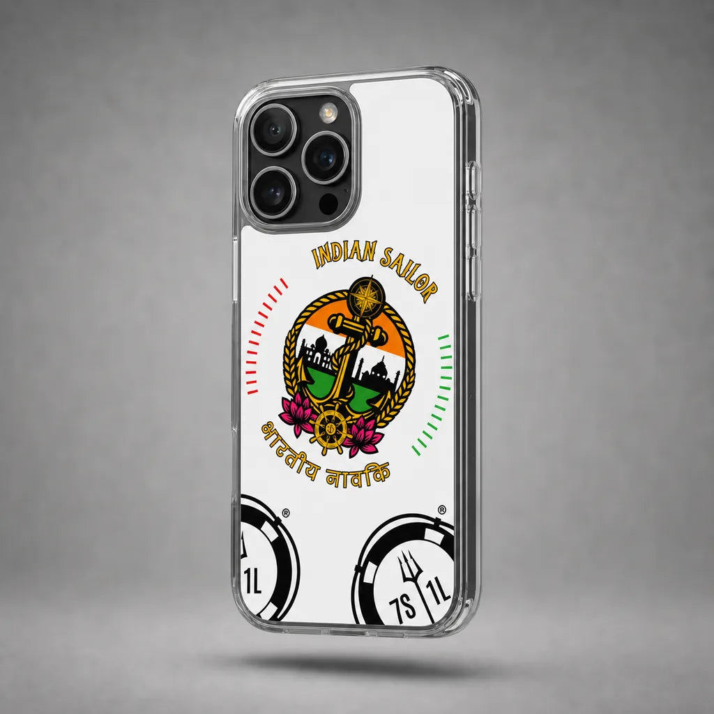 Clear Indian Sailor case for iPhone 15 Pro Max with maritime anchor artwork, floating above a grey studio floor with a soft shadow.