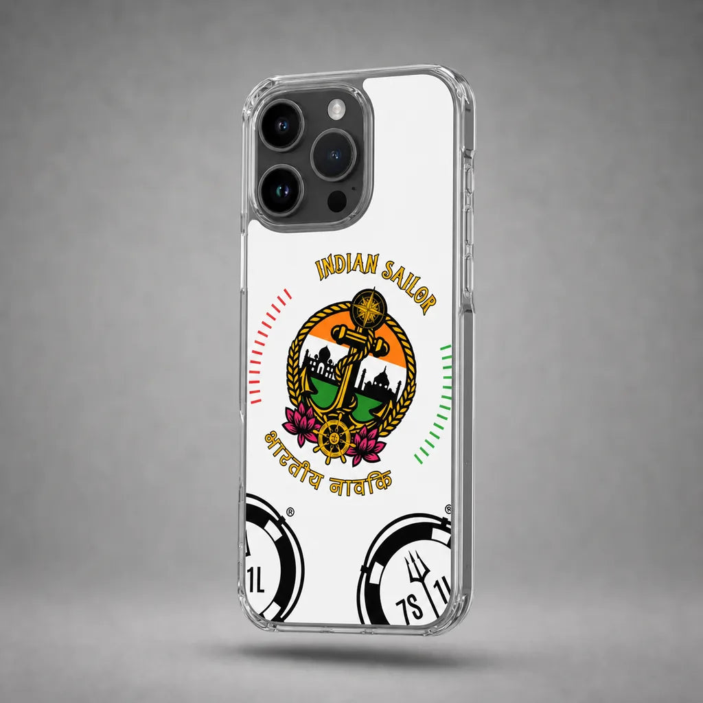 Clear Indian Sailor case for iPhone 16 Pro Max with maritime anchor artwork, floating above a grey studio floor with a soft shadow.