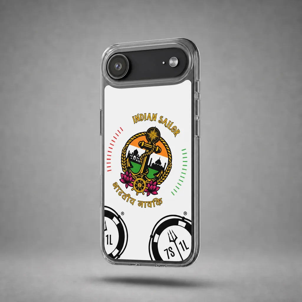 Clear Indian Sailor case for iPhone 17 Air with maritime anchor artwork, floating above a grey studio floor with a soft shadow.