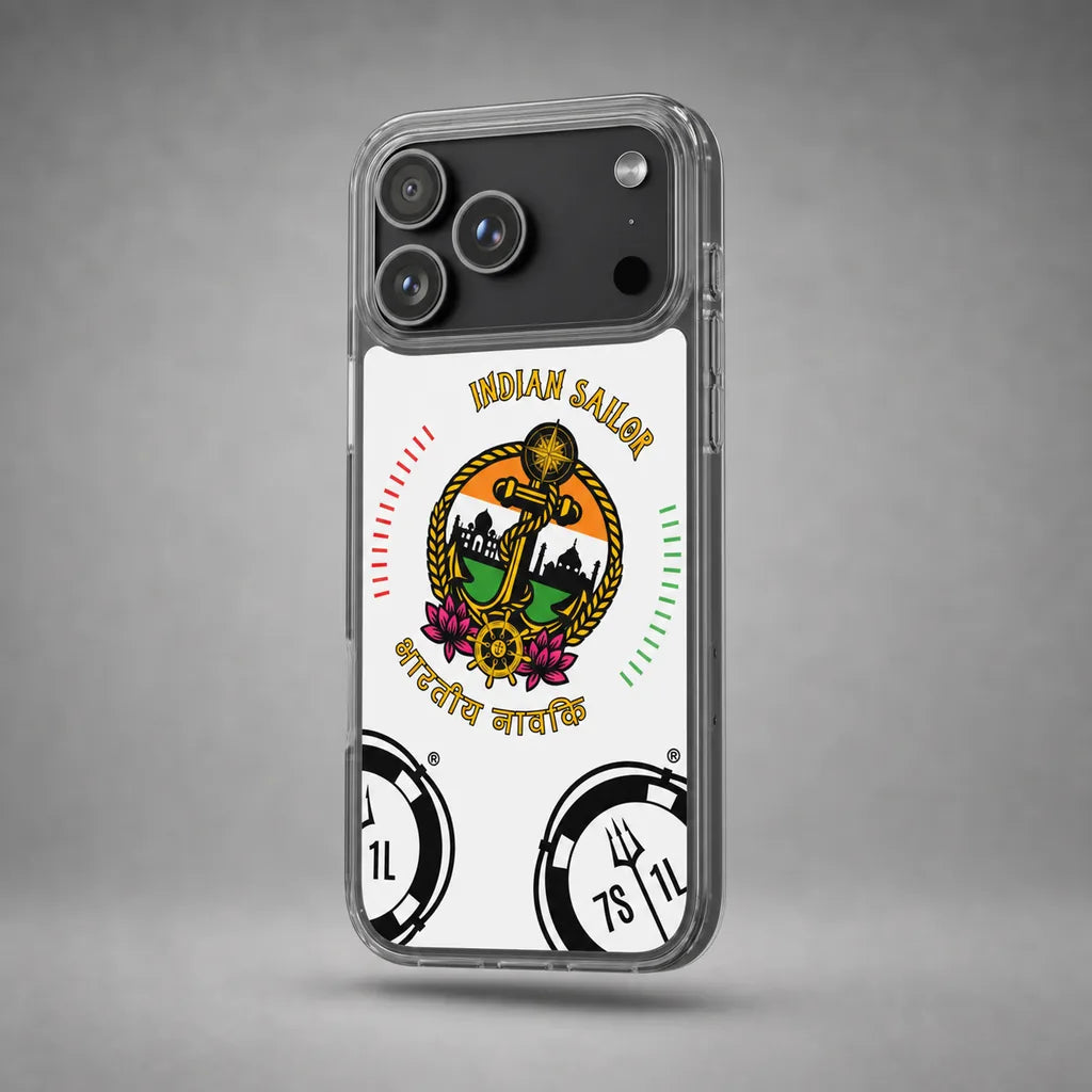 Clear Indian Sailor case for iPhone 17 Pro Max with maritime anchor artwork, floating above a grey studio floor with a soft shadow.