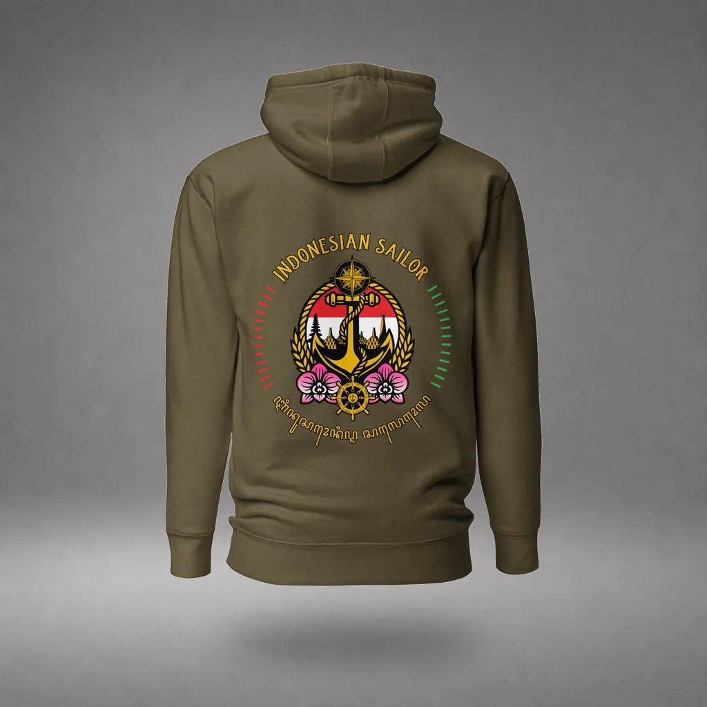 Indonesian Sailor Hoodie in Military Green, front view, floating over a gray studio floor.