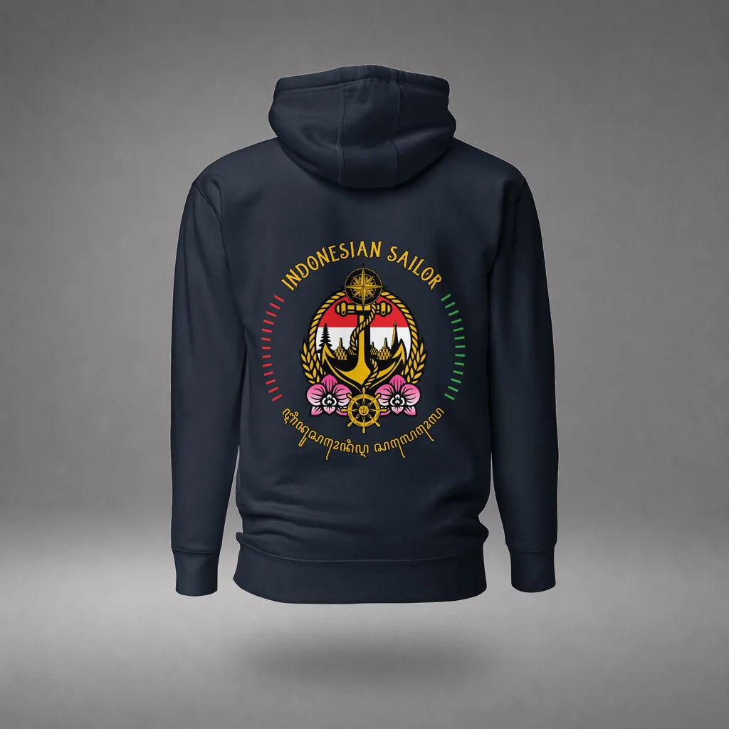 Indonesian Sailor Hoodie in Navy Blazer, back view, floating over a gray studio floor.