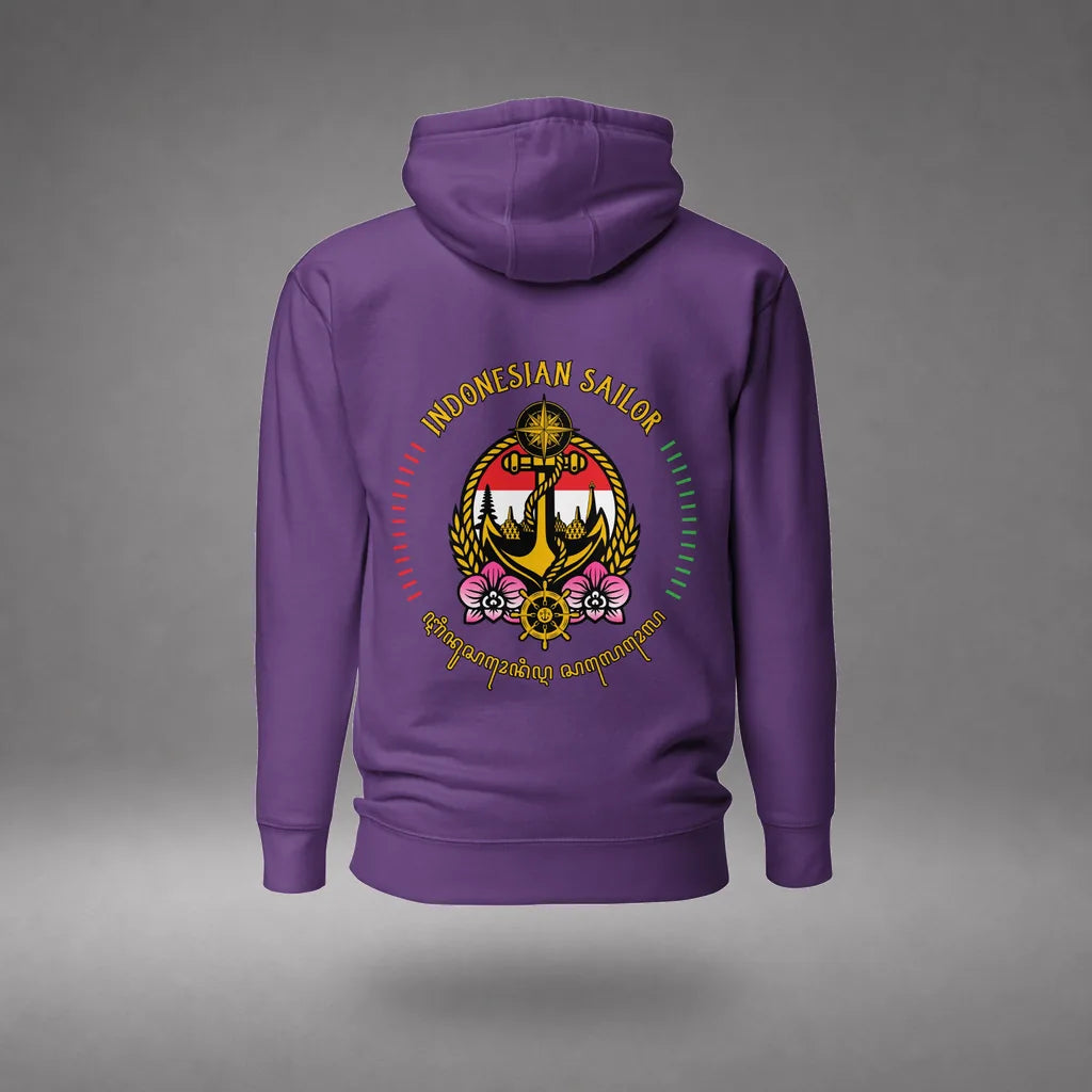 Indonesian Sailor Hoodie in Purple, back view, floating over a gray studio floor.