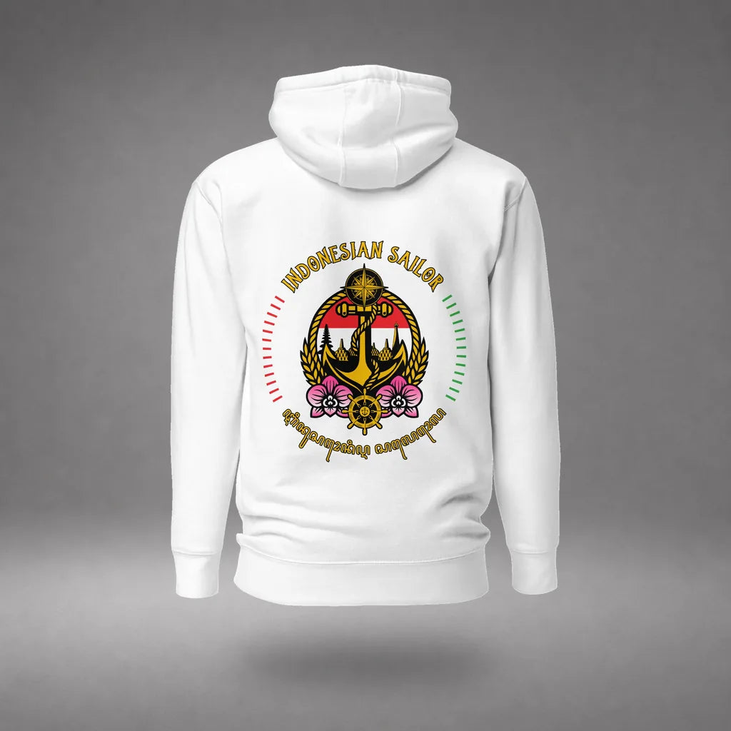 Indonesian Sailor Hoodie in White, back view, floating over a gray studio floor.