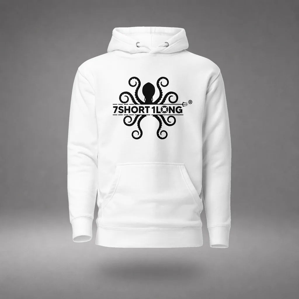Kraken Maritime Seafarer Hoodie in White, front view, floating over a gray studio floor.