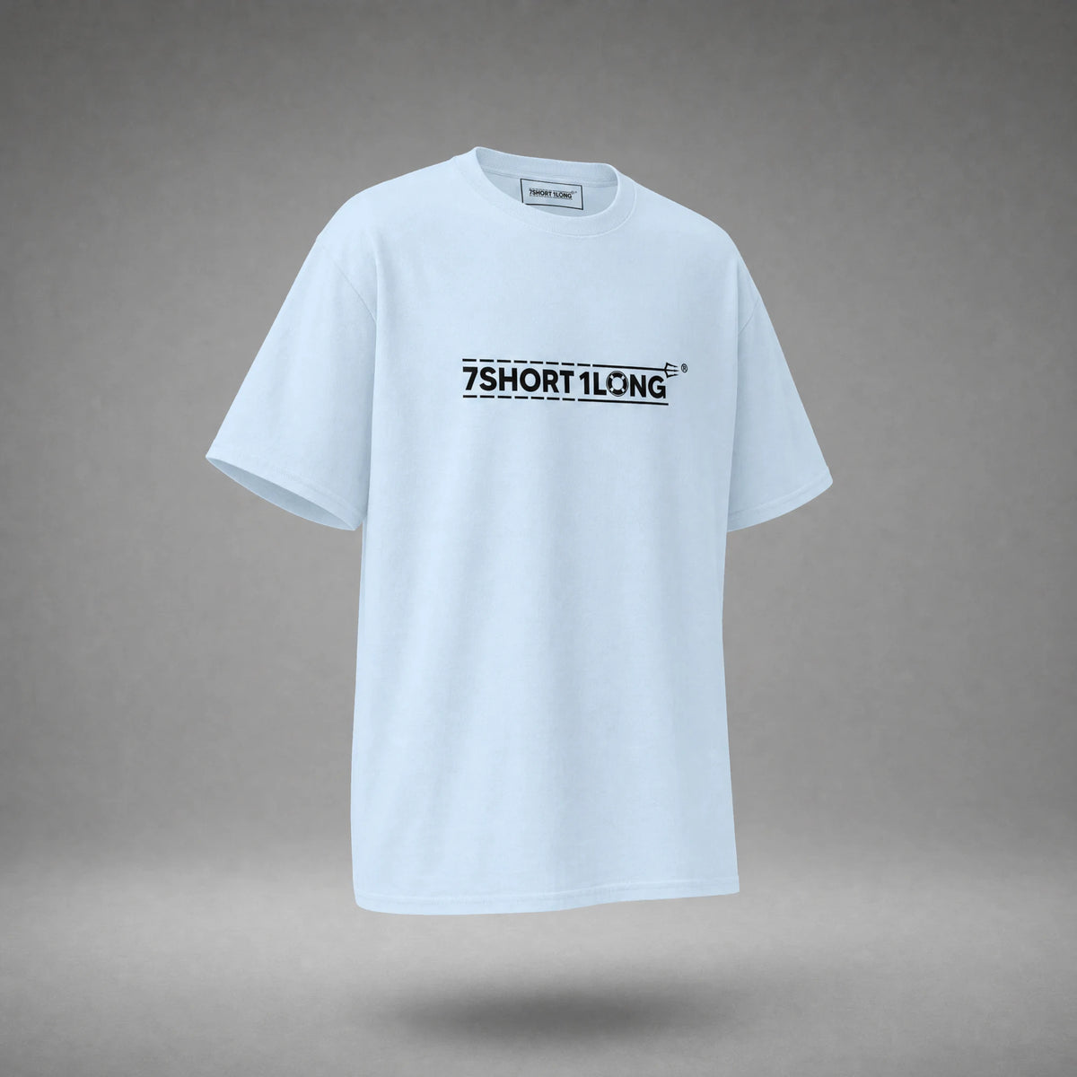 Light blue Life Raft T-shirt at a three-quarter angle, the black 7SHORT1LONG wordmark across the chest and plain sleeves.