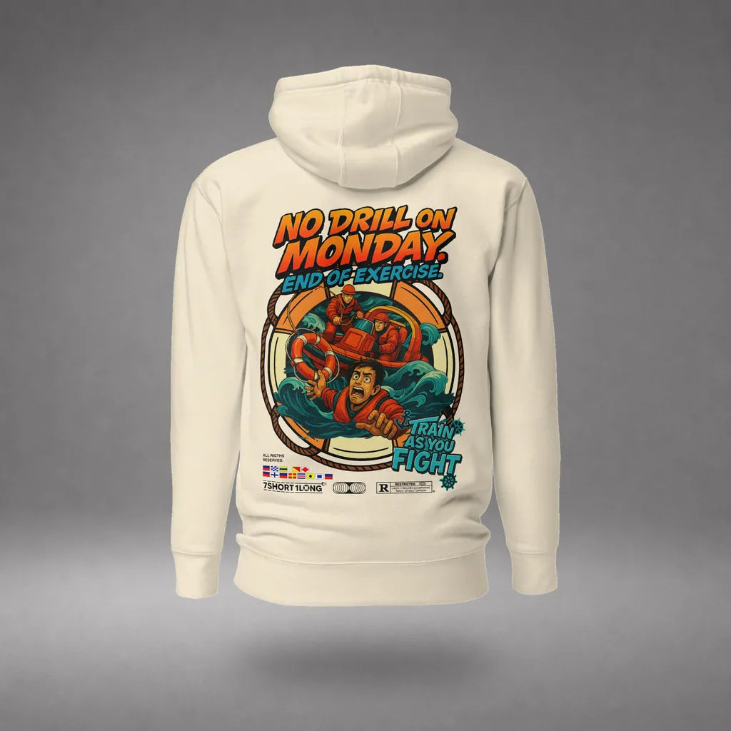 Man Overboard Hoodie in Bone, back view, floating over a gray studio floor.