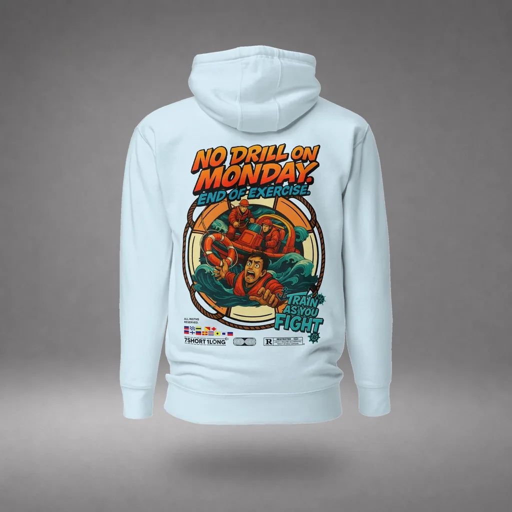 Man Overboard Hoodie in Sky Blue, front view, floating over a gray studio floor.