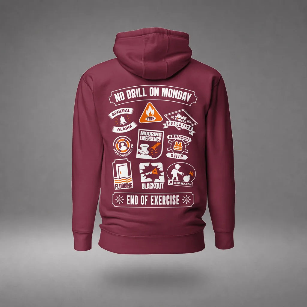Maritime Safety Drill Hoodie in Maroon, back view, floating over a gray studio floor.