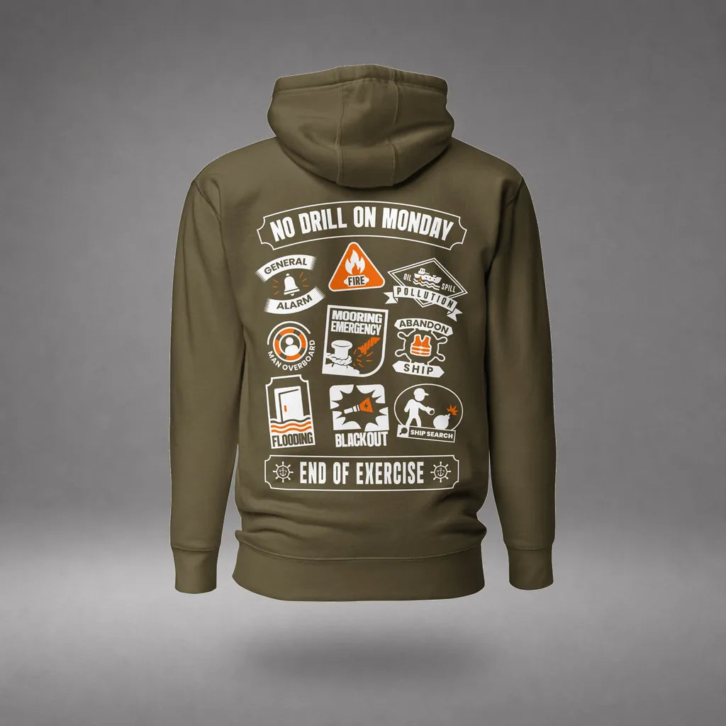 Maritime Safety Drill Hoodie in Military Green, back view, floating over a gray studio floor.