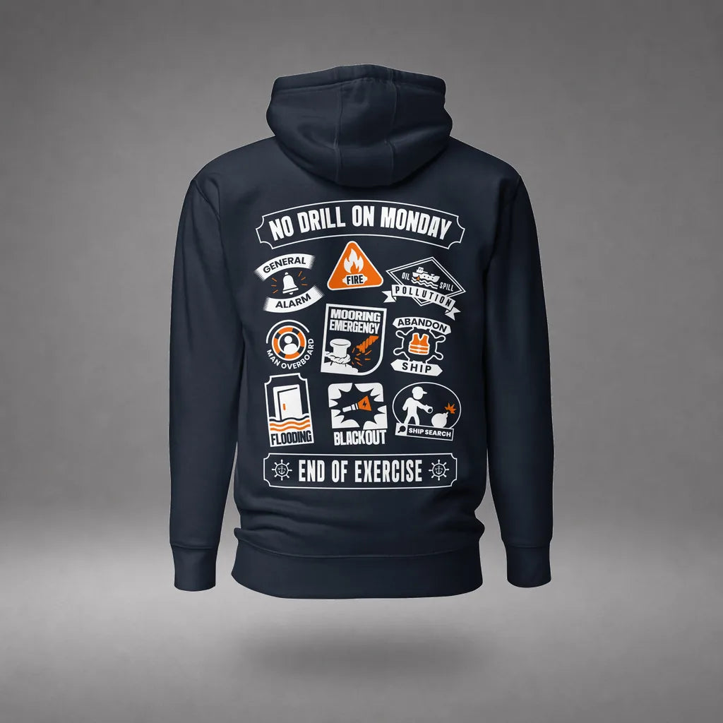 Maritime Safety Drill Hoodie in Navy Blazer, front view, floating over a gray studio floor.