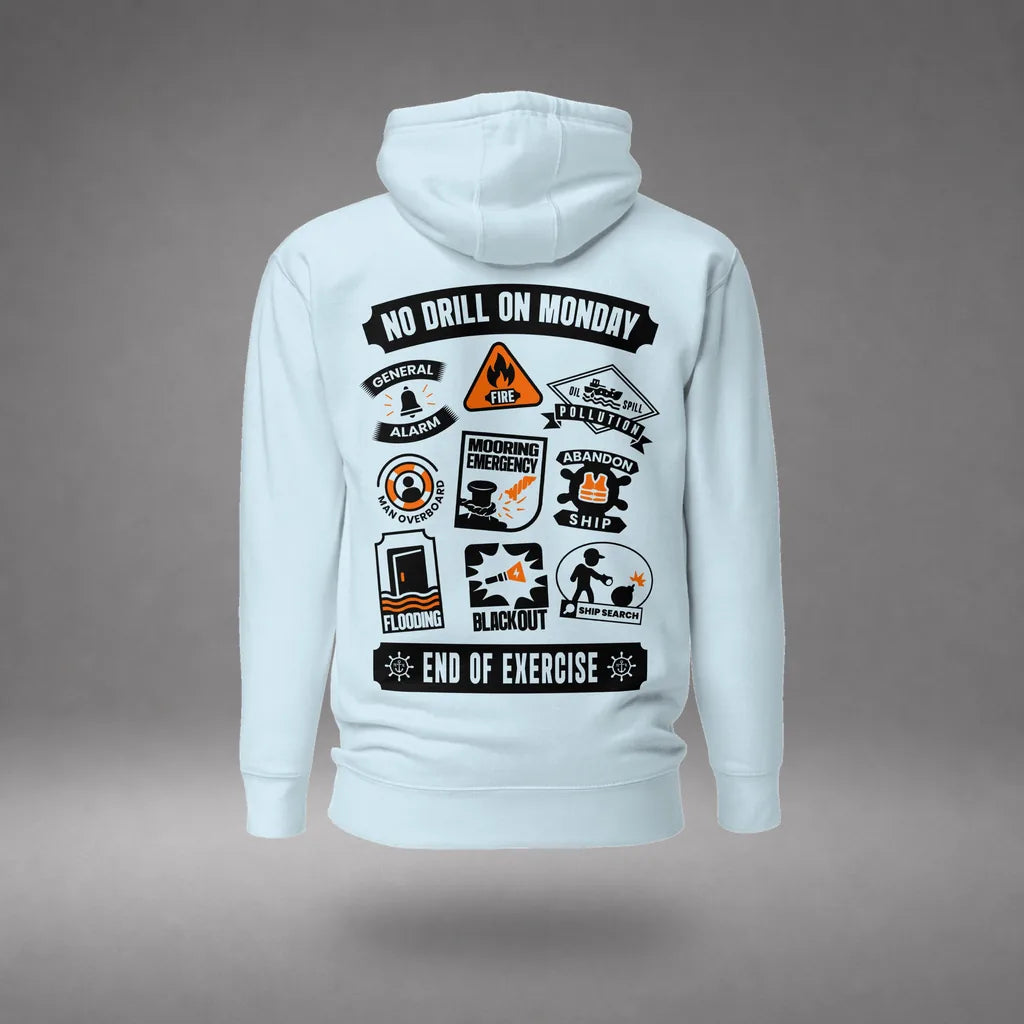 Maritime Safety Drill Hoodie in Sky Blue, back view, floating over a gray studio floor.