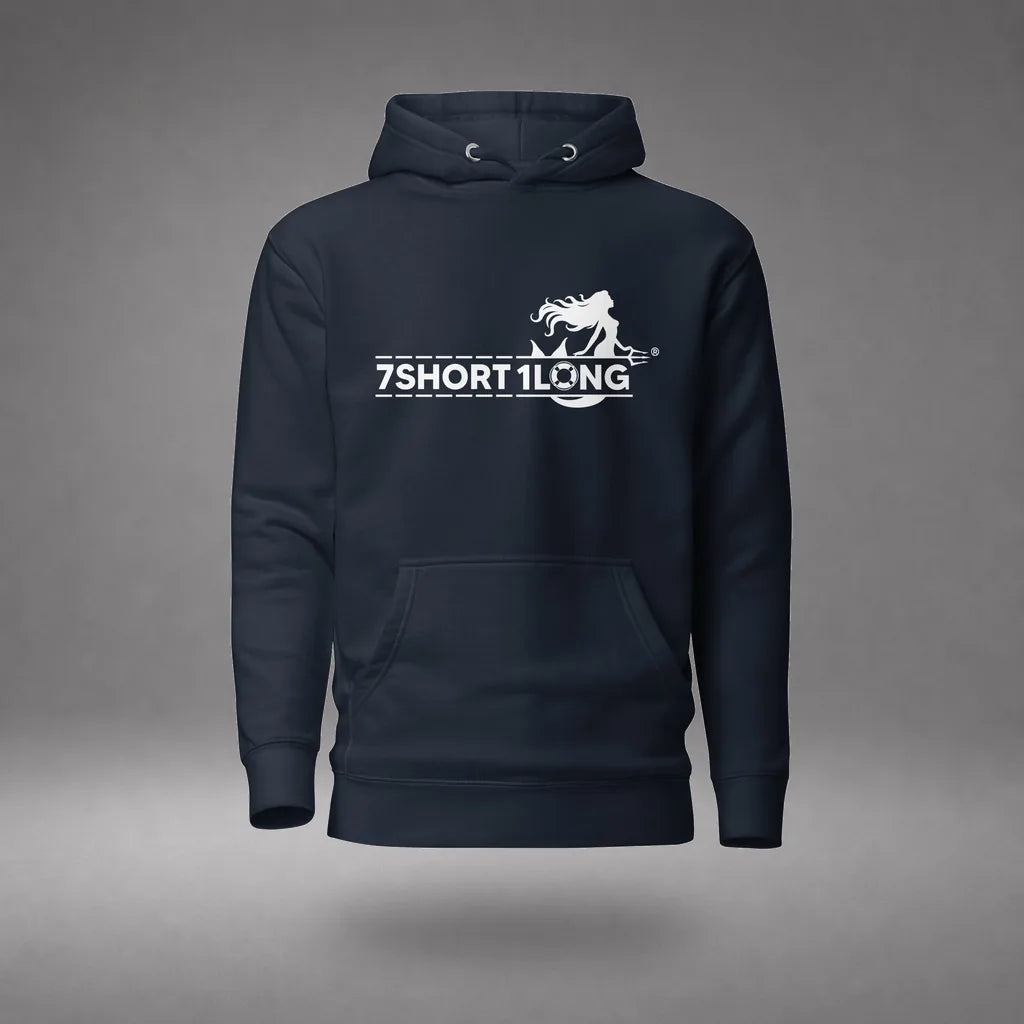Mermaid Cruise Ship Hoodie in Navy Blazer, featured product view, floating over a gray studio floor.