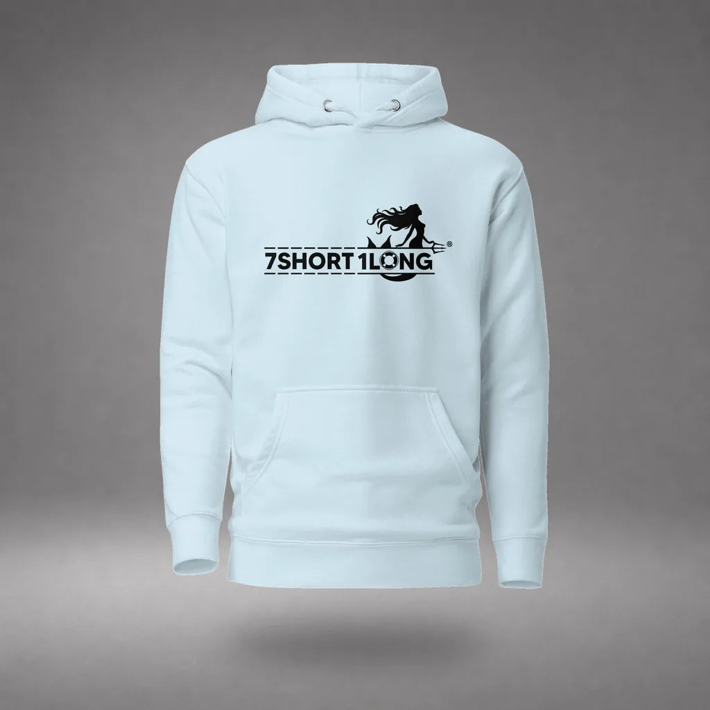 Mermaid Cruise Ship Hoodie in Sky Blue, featured product view, floating over a gray studio floor.