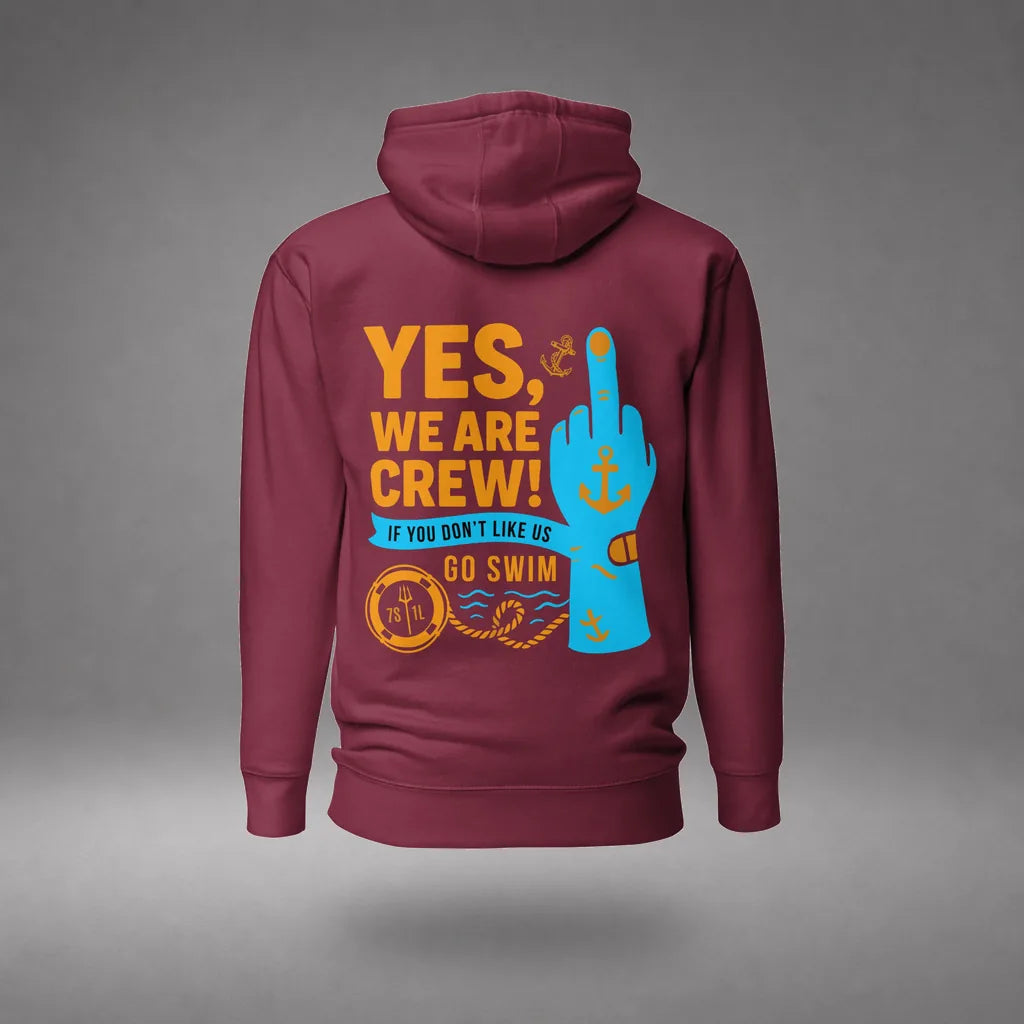 Middle Finger Crew Hoodie in Maroon, back view, floating over a gray studio floor.