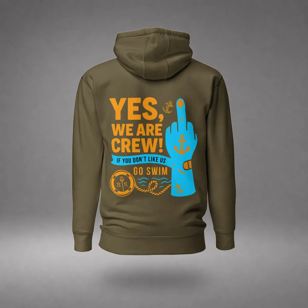 Middle Finger Crew Hoodie in Military Green, back view, floating over a gray studio floor.