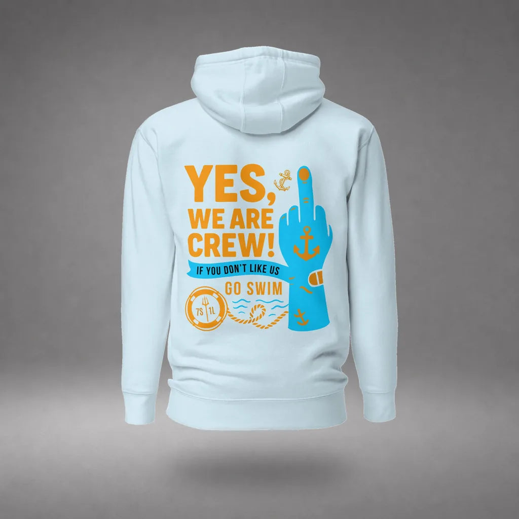 Middle Finger Crew Hoodie in Sky Blue, back view, floating over a gray studio floor.