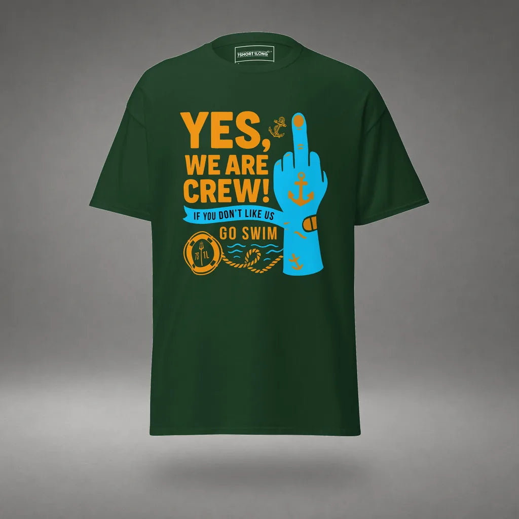 Middle Finger Crew T-Shirt in Forest Green, front view, floating over a gray studio floor.