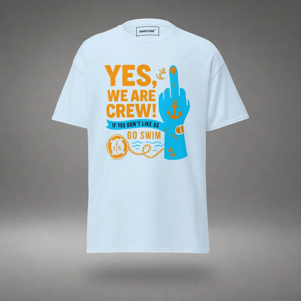Middle Finger Crew T-Shirt in Light Blue, front view, floating over a gray studio floor.