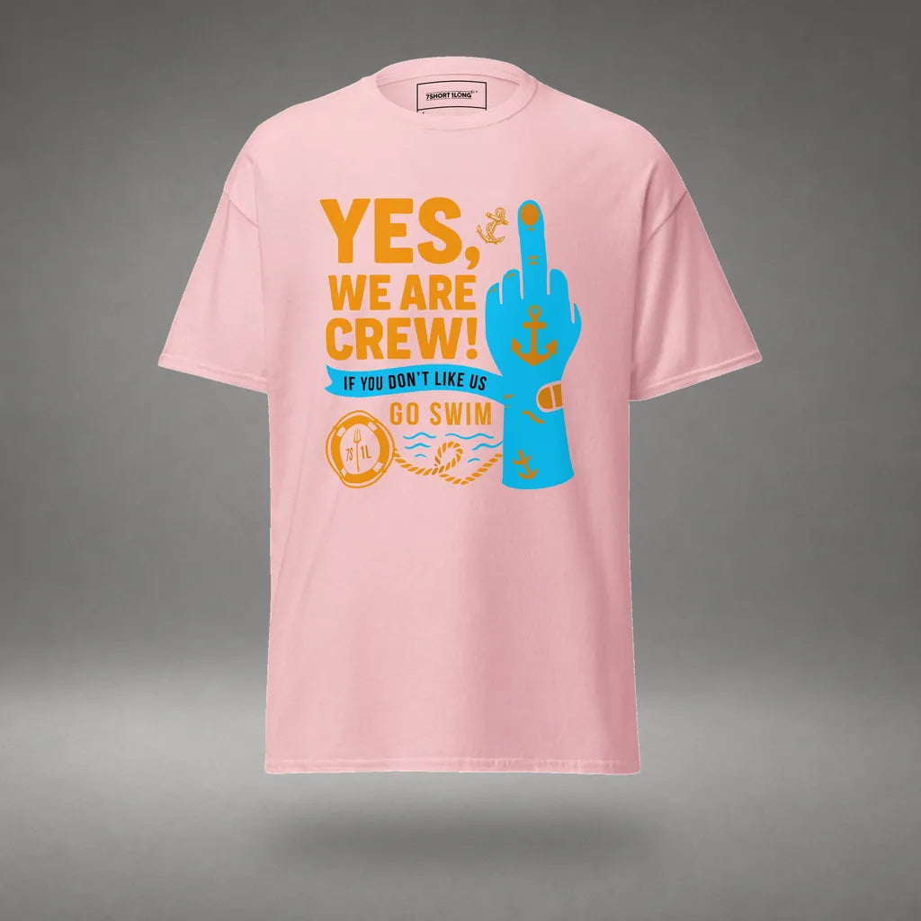 Middle Finger Crew T-Shirt in Light Pink, front view, floating over a gray studio floor.