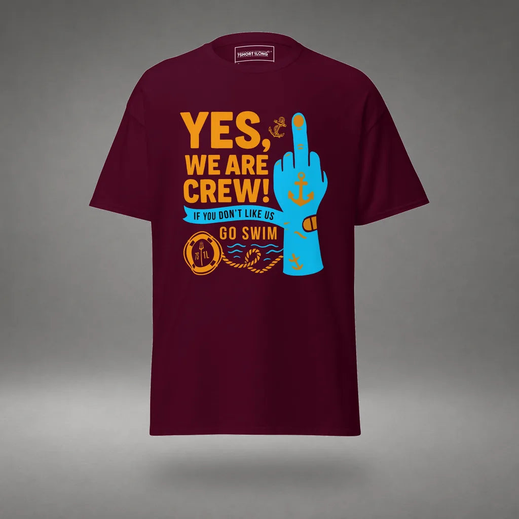Middle Finger Crew T-Shirt in Maroon, front view, floating over a gray studio floor.