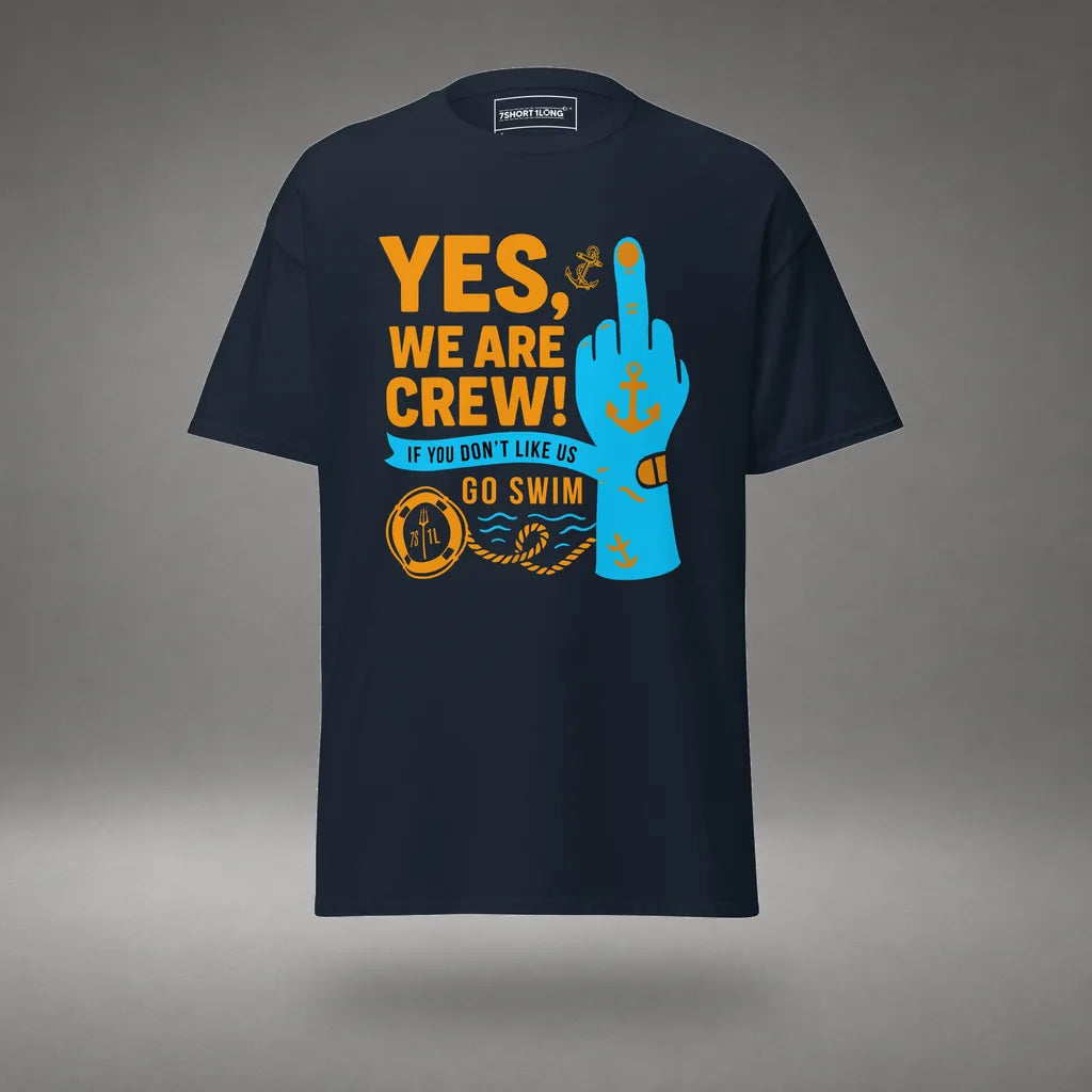 Middle Finger Crew T-Shirt in Navy, front view, floating over a gray studio floor.