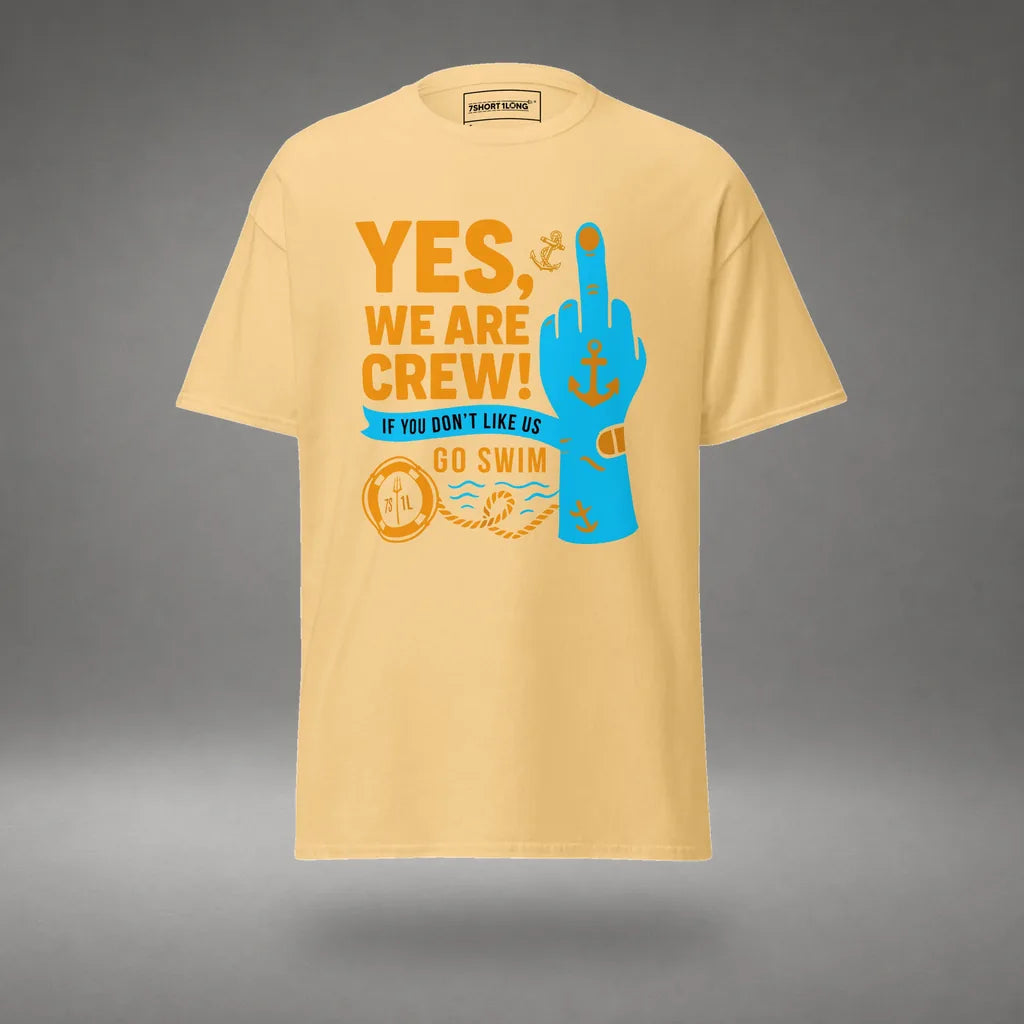 Middle Finger Crew T-Shirt in Yellow Haze, front view, floating over a gray studio floor.