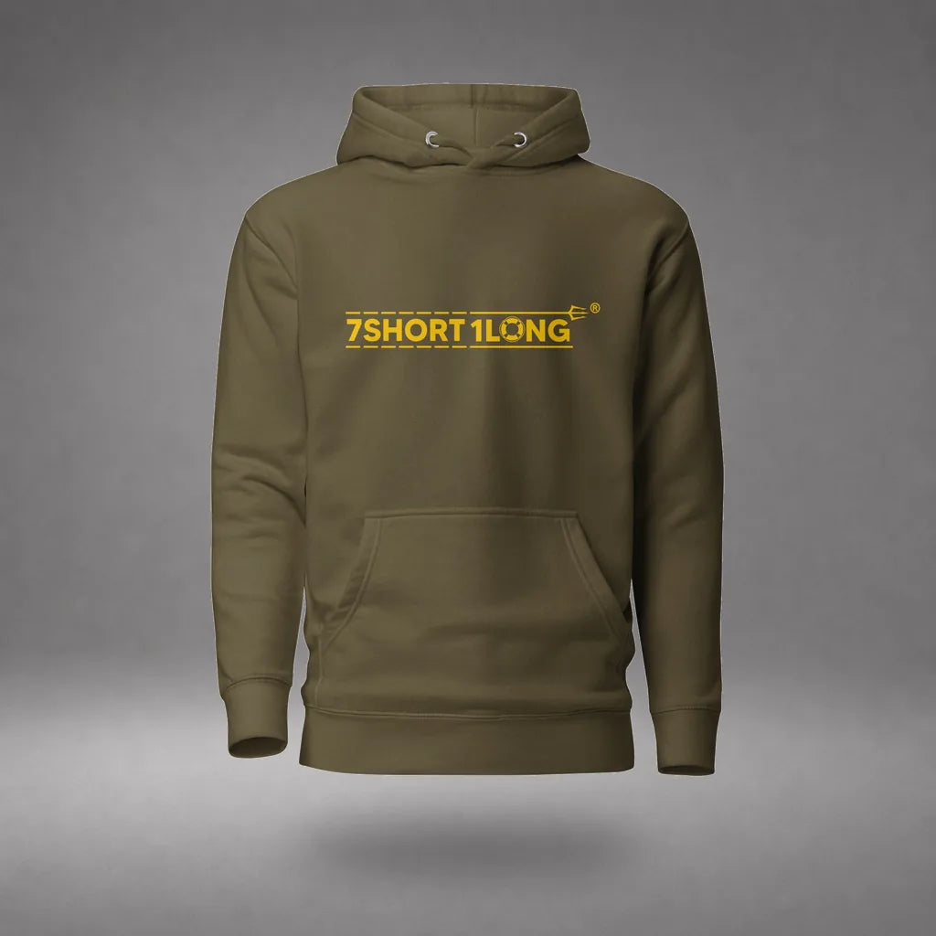 Myanmar Sailor Hoodie in Military Green, front view, floating over a gray studio floor.