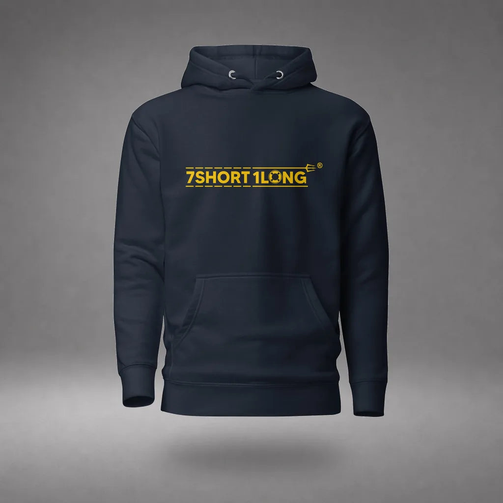 Myanmar Sailor Hoodie in Navy Blazer, front view, floating over a gray studio floor.
