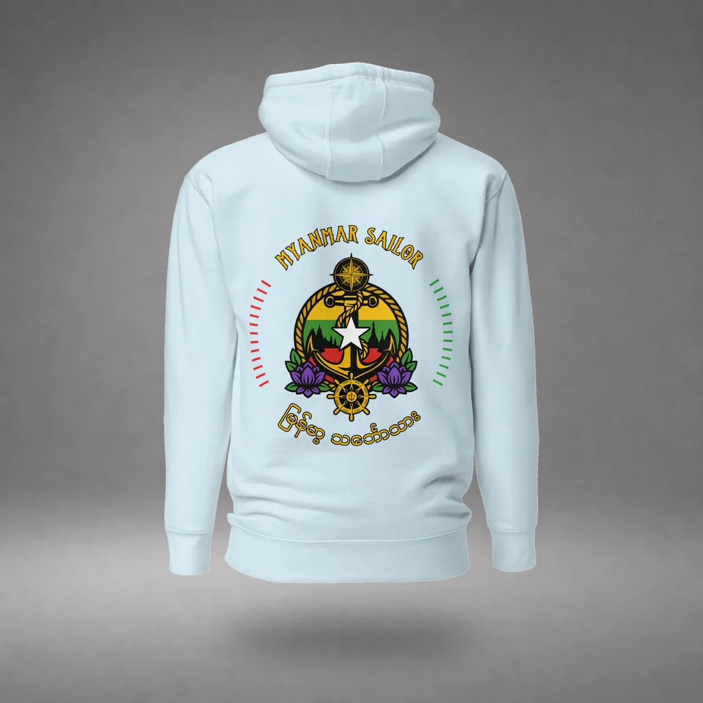Myanmar Sailor Hoodie in Sky Blue, back view, floating over a gray studio floor.