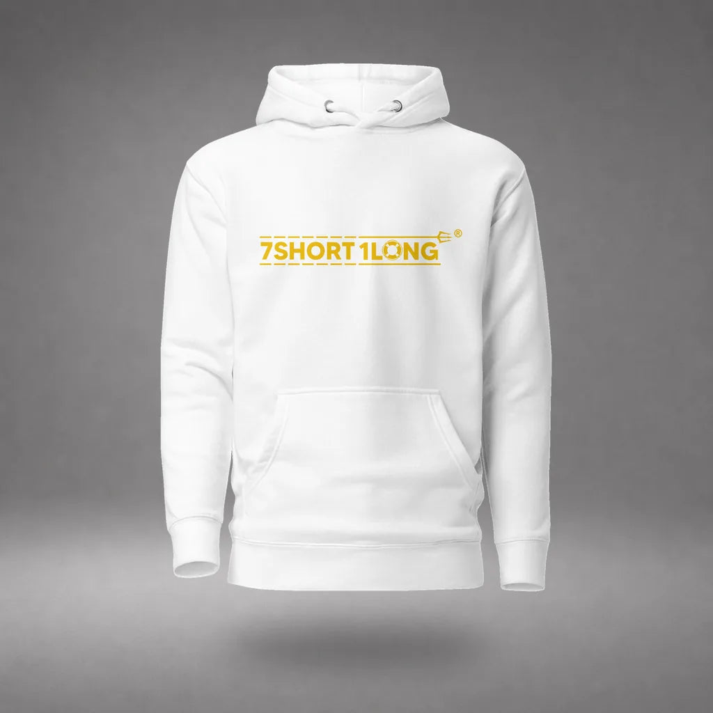 Myanmar Sailor Hoodie in White, front view, floating over a gray studio floor.