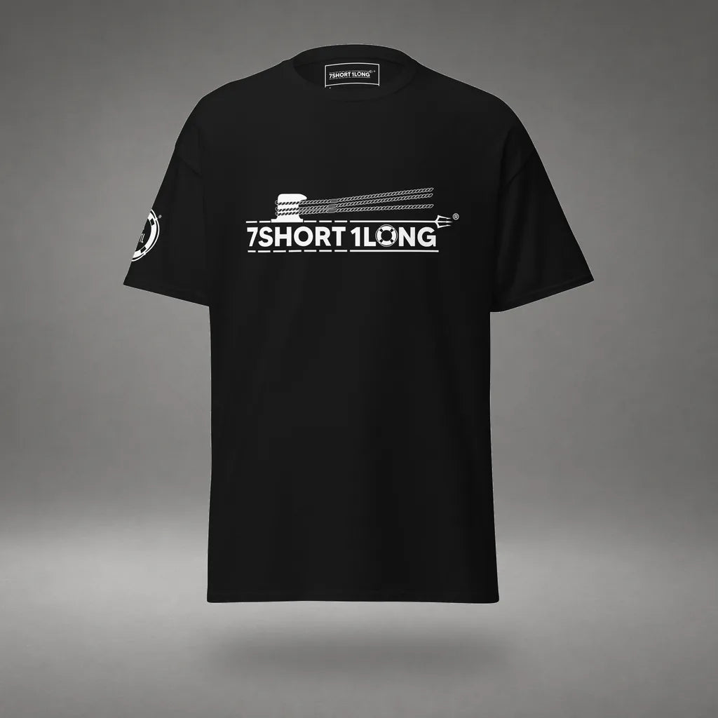 Nautical Deck Hand T-Shirt in Black, front view, floating over a gray studio floor.