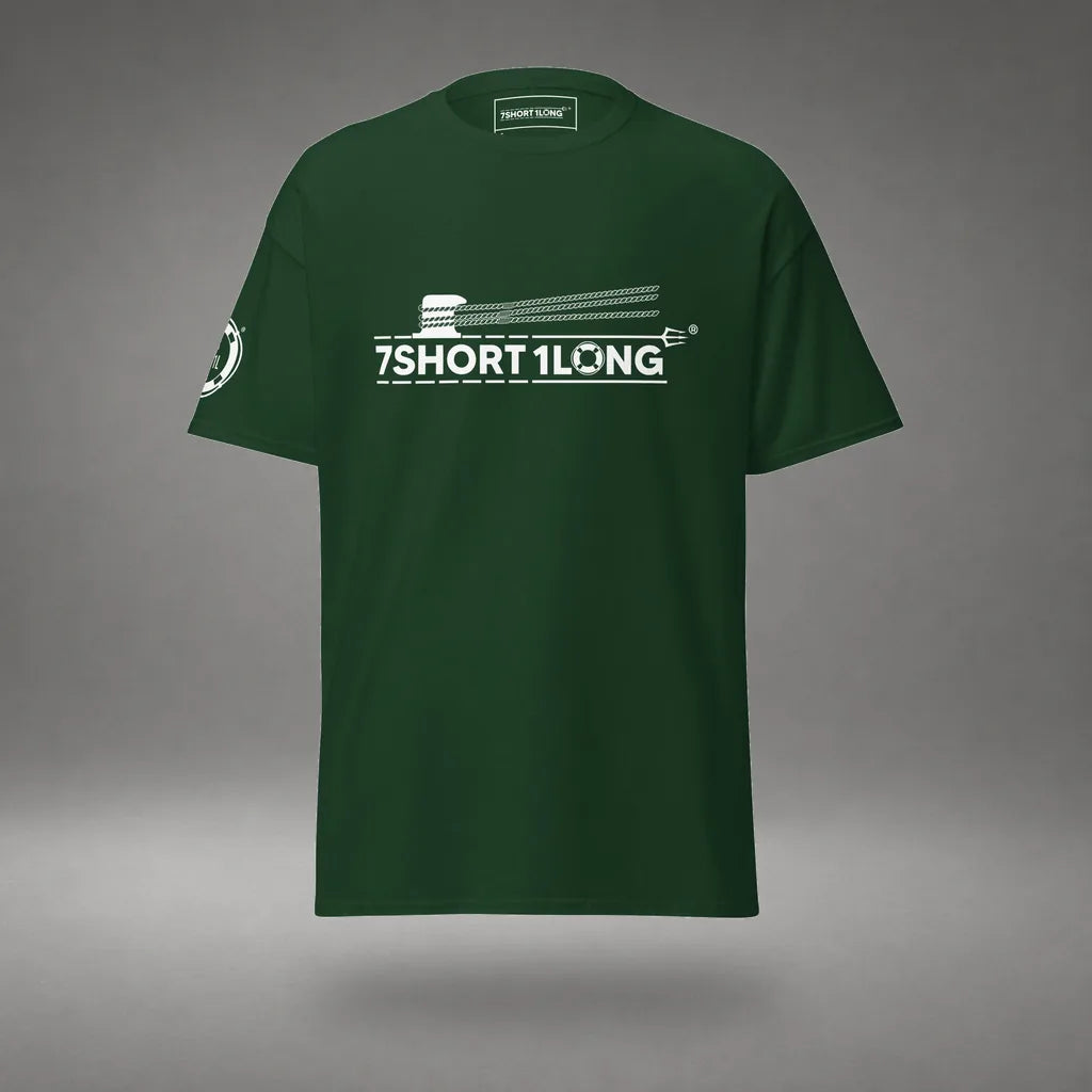Nautical Deck Hand T-Shirt in Forest Green, front view, floating over a gray studio floor.