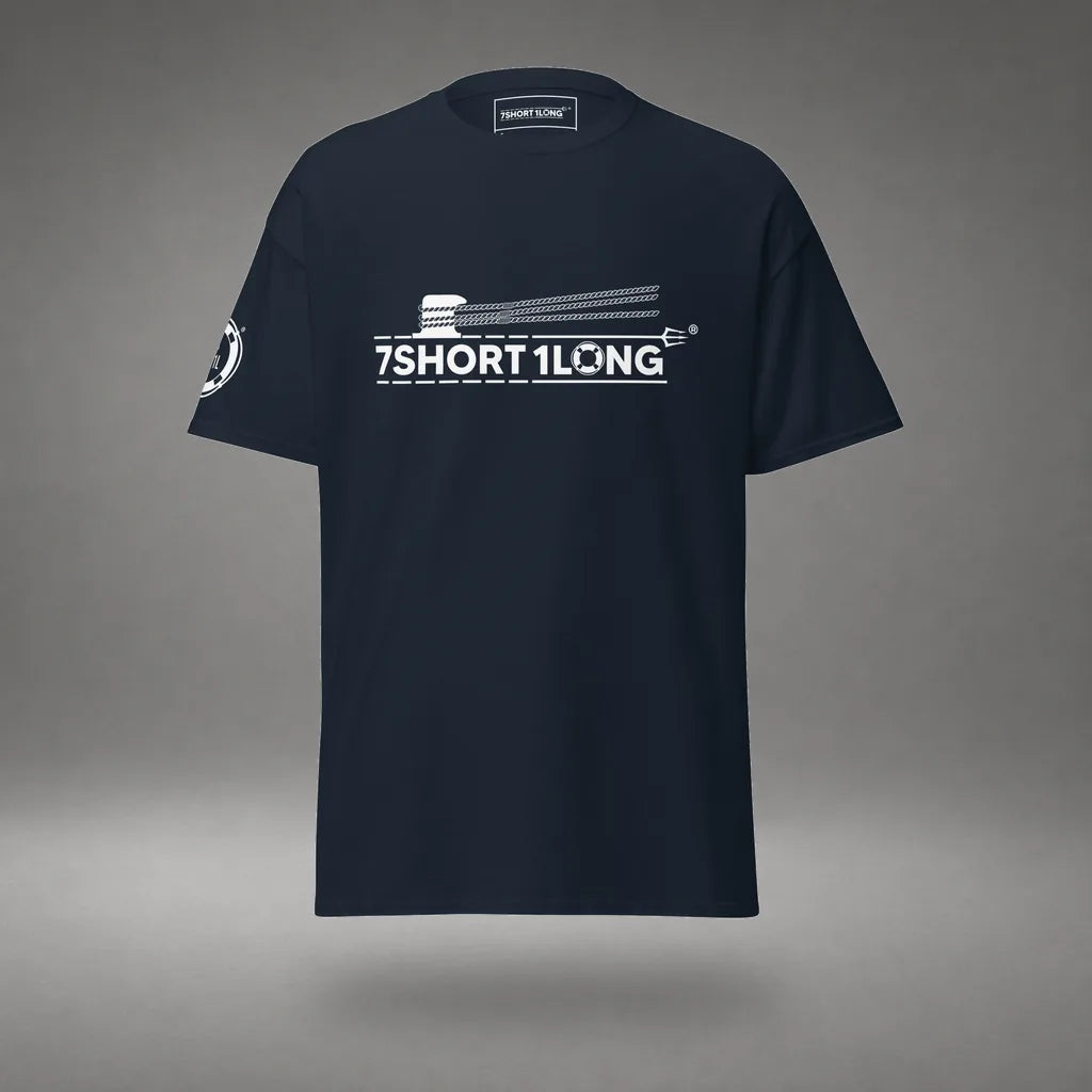 Nautical Deck Hand T-Shirt in Navy, front view, floating over a gray studio floor.